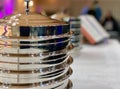 Metallic dishes prepared for the LordÃ¢â¬â¢s Supper in a Baptist Church